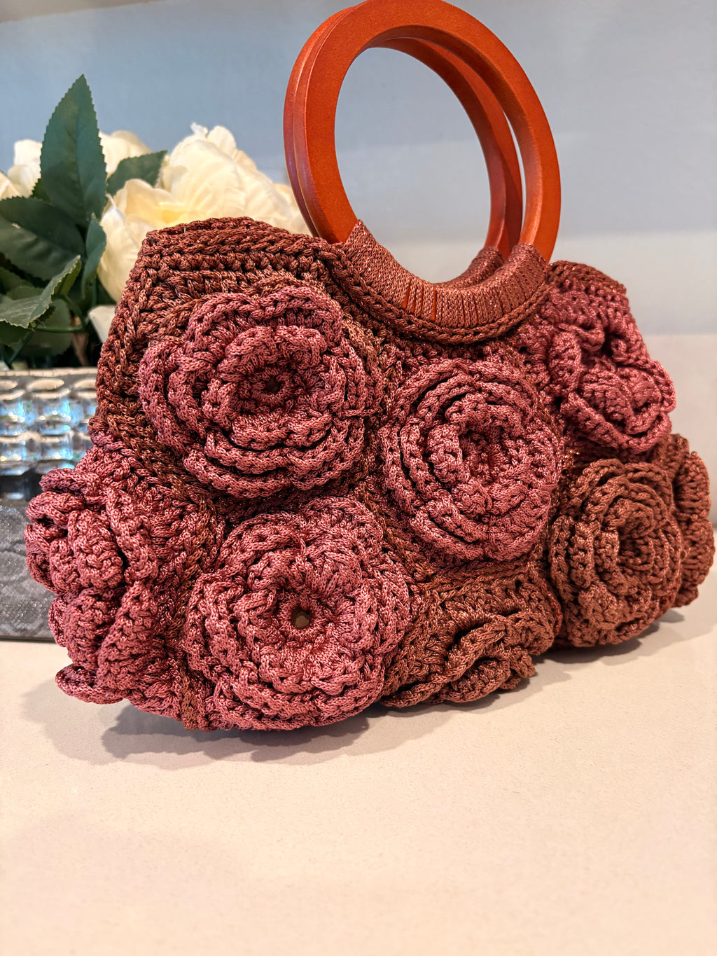 Terracotta Rose Garden Crochet Bag — Handmade 3D Floral Handbag