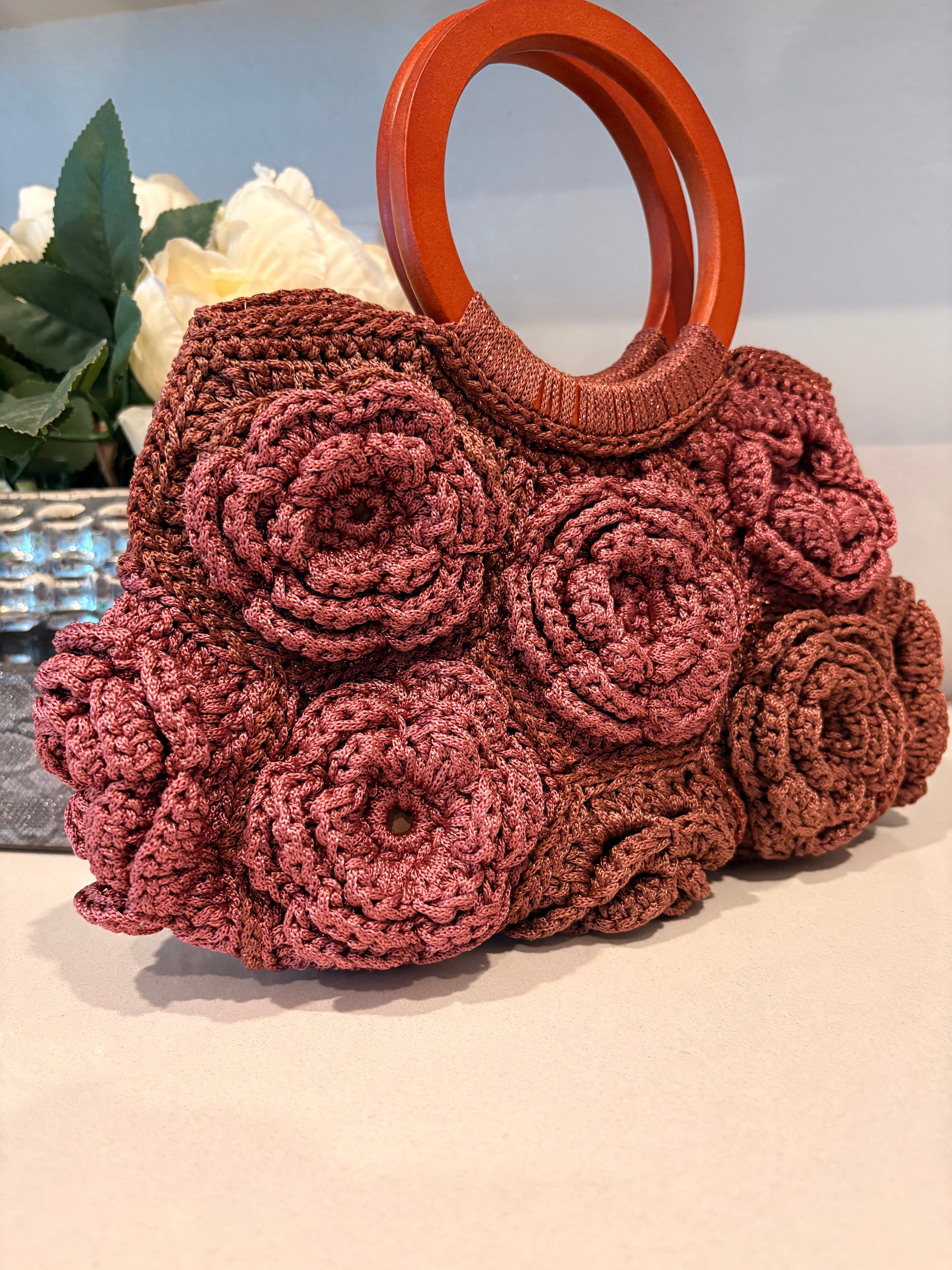 Terracotta Rose Garden Crochet Bag — Handmade 3D Floral Handbag