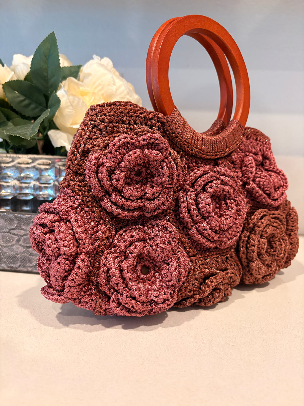 Terracotta Rose Garden Crochet Bag — Handmade 3D Floral Handbag
