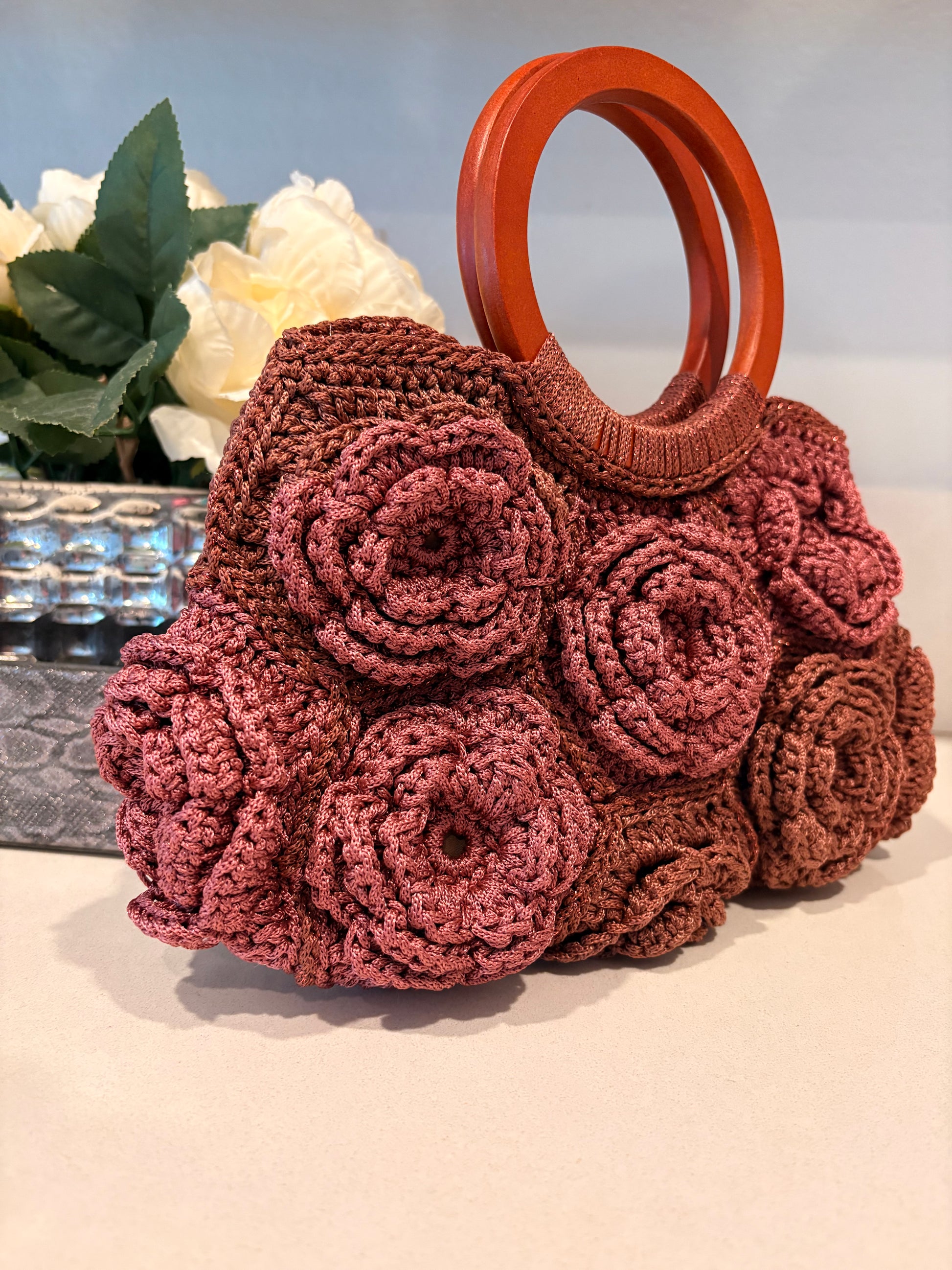 Terracotta Rose Garden Crochet Bag — Handmade 3D Floral Handbag