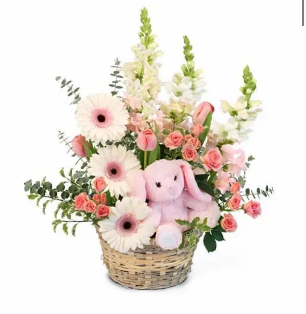 🌸Baby Girl Flower Arrangement - Pink Roses & Bunny Gift Basket | Arreglo Bebé Niña