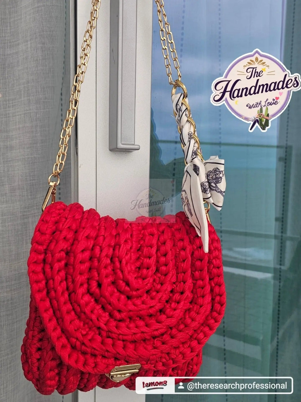 🌺 Coral Sunset Crochet Bag - Chunky Knit with Silk Scarf & Gold Chain | Bolsa Coral Elegante