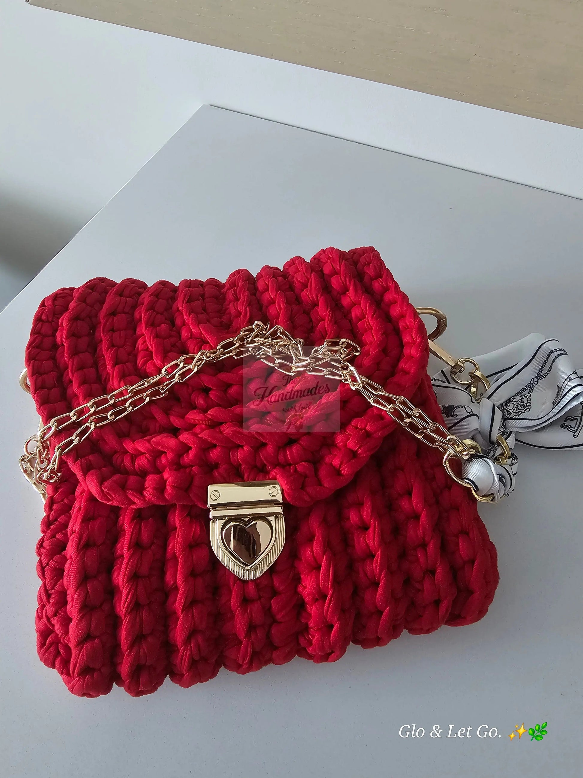 🌺 Coral Sunset Crochet Bag - Chunky Knit with Silk Scarf & Gold Chain | Bolsa Coral Elegante