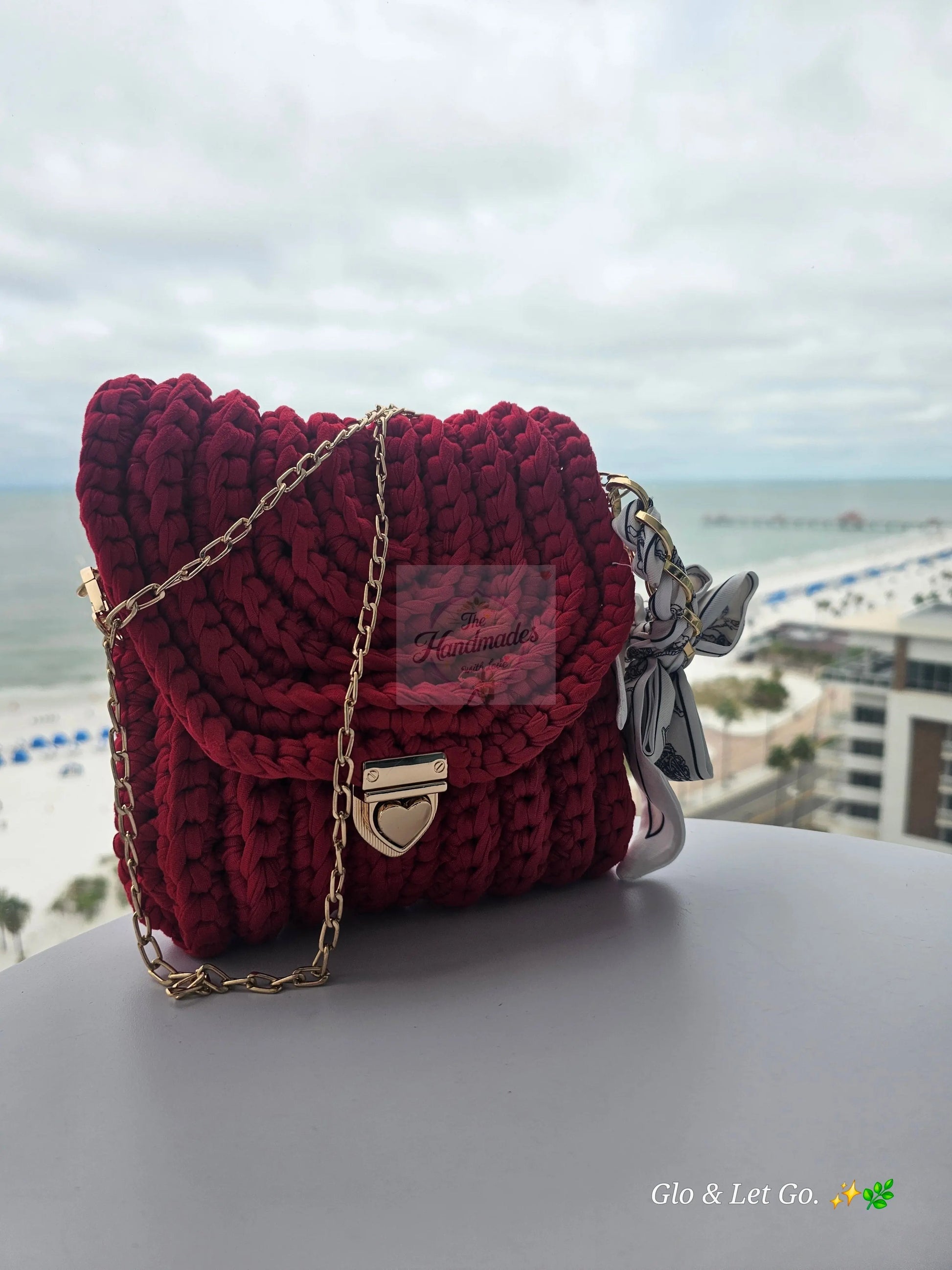 🌺 Coral Sunset Crochet Bag - Chunky Knit with Silk Scarf & Gold Chain | Bolsa Coral Elegante