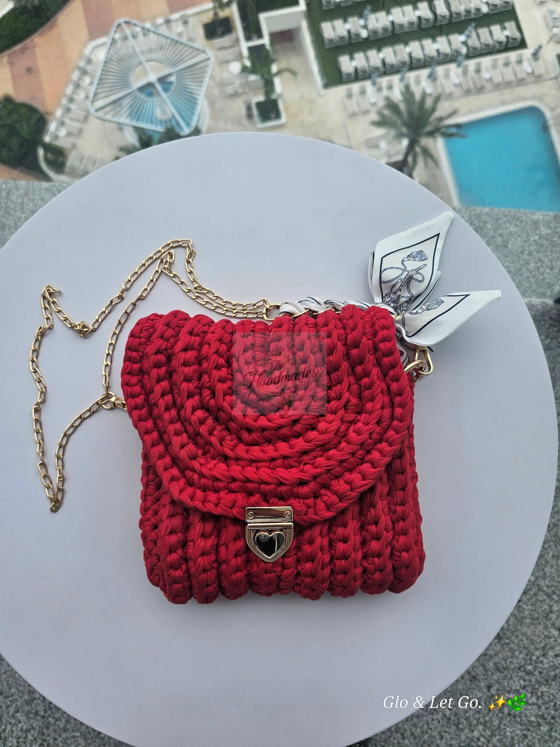 🌺 Coral Sunset Crochet Bag - Chunky Knit with Silk Scarf & Gold Chain | Bolsa Coral Elegante