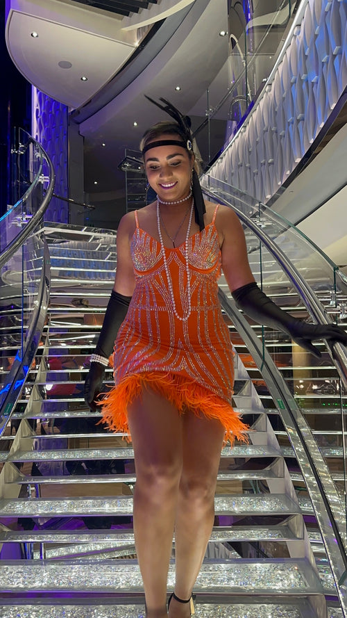 Orange Rhinestone Feather Party Dress