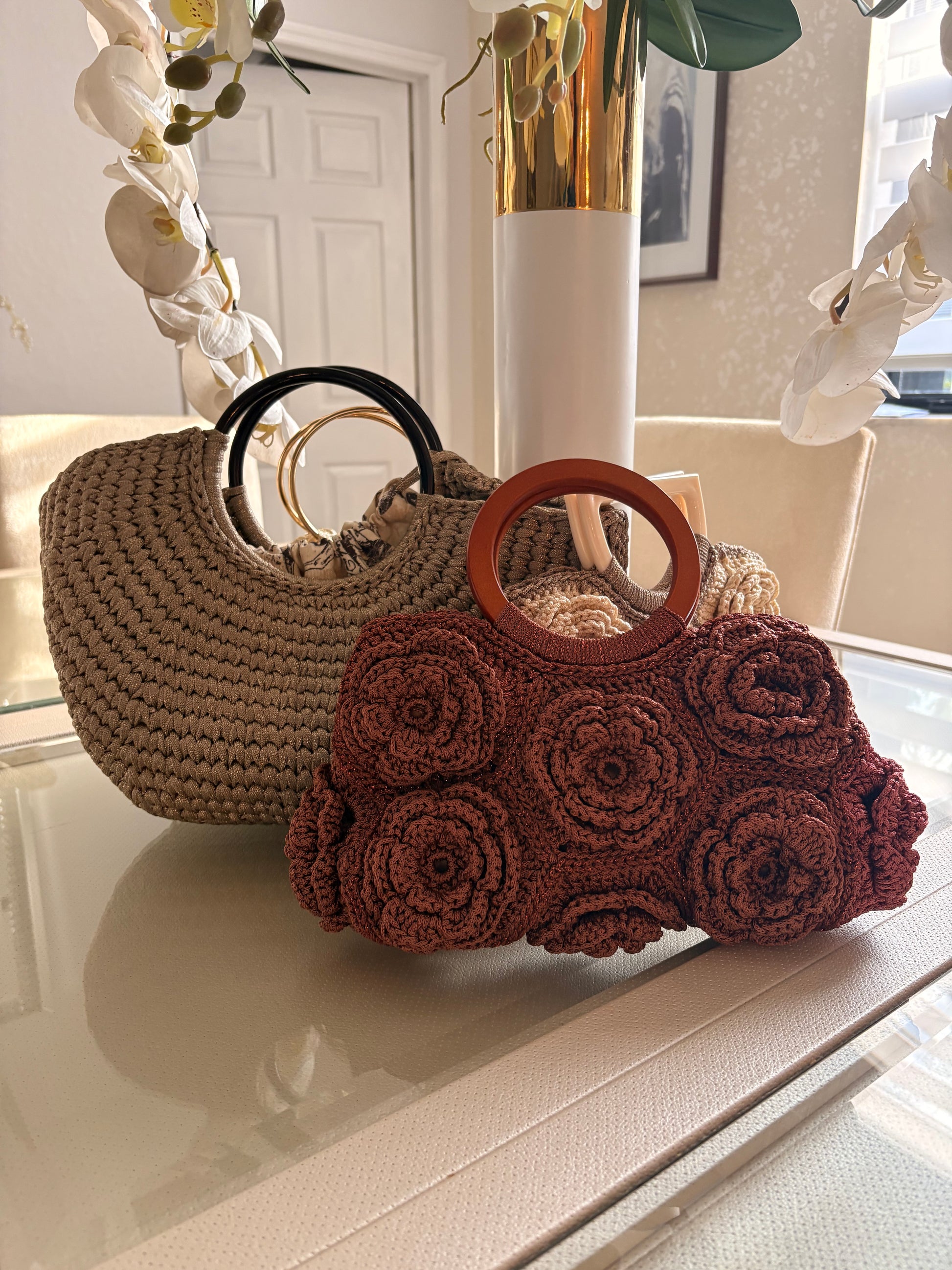 Terracotta Rose Garden Crochet Bag — Handmade 3D Floral Handbag