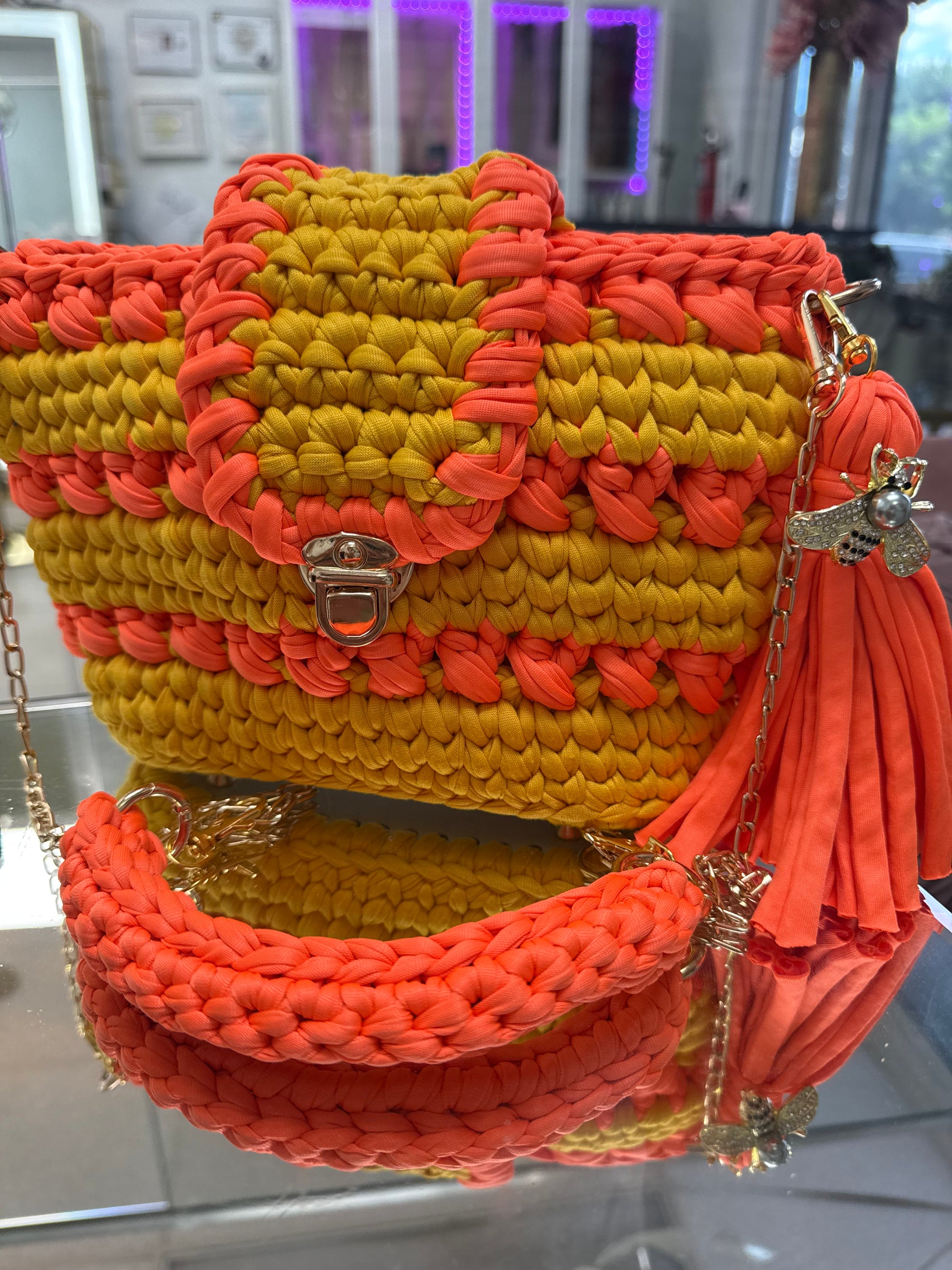 Handwoven Crossbody Bag - Coral & Mustard Braided Design