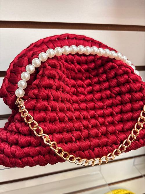 ❤️ Ruby Romance Crochet Pouch - Pearl Handle with Gold Chain Holiday Gift | Bolsa Roja Perlas