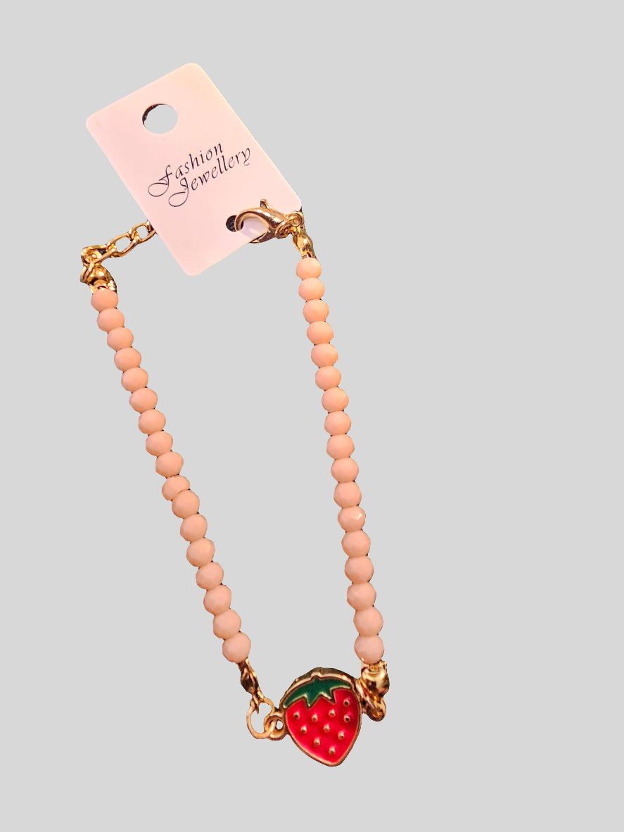 Strawberry Charm Bracelet - Pink Beaded Stainless Steel