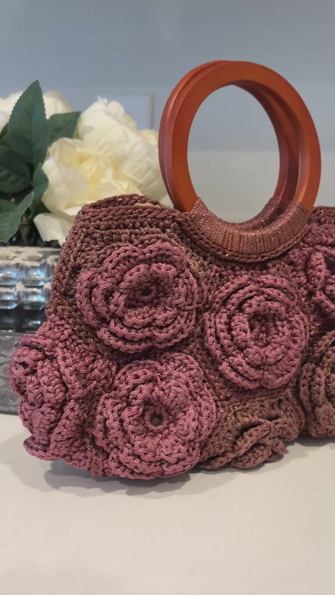 Terracotta Rose Garden Crochet Bag — Handmade 3D Floral Handbag